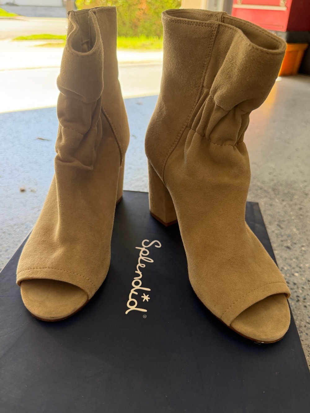 Splendid Rayna Taupe Suede Open Toe Block Heel Booties Size 6.5